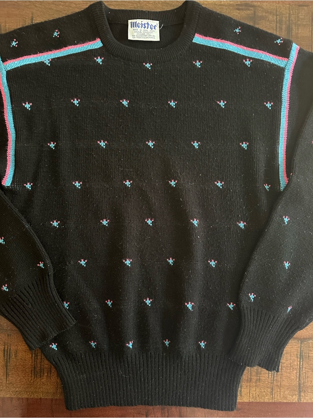 Meister’s Unisex Black Crewneck Sweater with Teal and Pink Accents